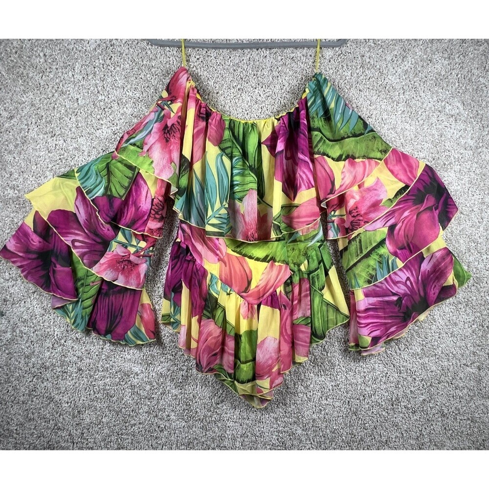 Banjul Womens Tropical Floral Off Shoulder Dress Yellow Ruffle Summer Vacation B